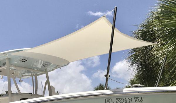 22' Cobia Bow Sunshade in Stamoid White Marine Fabric and Custom Made  S. S. Poles.