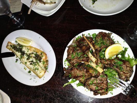 Bronzini with capers and baby lamb chops