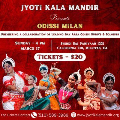 Jyoti kala Mandir warmly invites you to "Odishi Milan" very first Odishi dance Festival in the Bay Area. March 17th. Please come support our