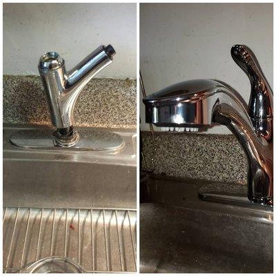 Before and after picture of a broken kitchen faucet, with new install