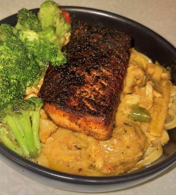 Blackened jerk salmon fettuccine Alfredo