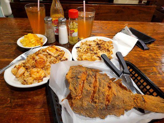 Fried Flounder, Crab Rice, Macaroni & Cheese, and Crab Rice with Grilled Shrimp