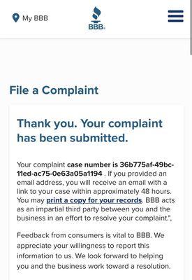 Complaint Case Filed With The Better Business Bureau