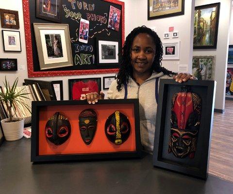 One of our happy customers with her custom made shadowboxes!