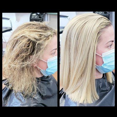 Left photo is hair before Brazilian Blow Out Treatment
Right photo is hair after a Brazilian Blow Out Treatment