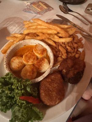 Crab Cakes, Scallops, Clam Strips and fries