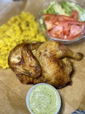 Half Chicken with Avocado Salad and Saffron Rice