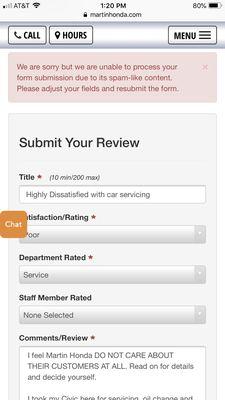 Martin Honda website not allowing to write bad reviews.