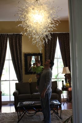 Living room in main house with Craig's modern chandelier