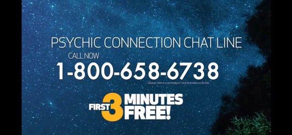 Psychic connection chat line is offering 3 free minutes call now.