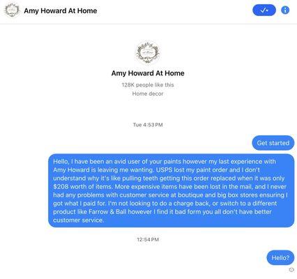 Amy Howard customer service ignoring my chat on FB.