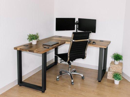 L-shaped computer desk with extra space for your home office. Available per order.