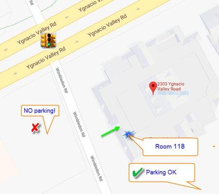 Location of Room 118 at NorthCreek Church.  PARKING info as well.