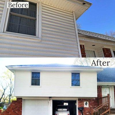 Cleaned with vinyl siding power pack cleaner and applied vinyl siding protectant. Gutter cleaner to remove zebra stripes.