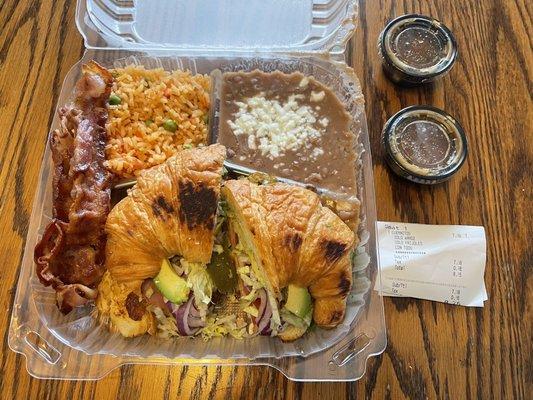 Cuernitos plate or Plato de Croissant aka breakfast. Got the rice & beans instead of fries