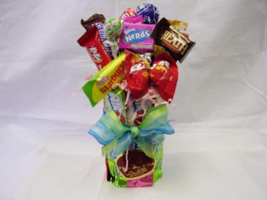 Candy bouquets come in several different sizes. Most with a Hershey bar base!