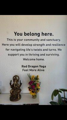 Our yoga mission on the wall in both Mill Valley and San Rafael.