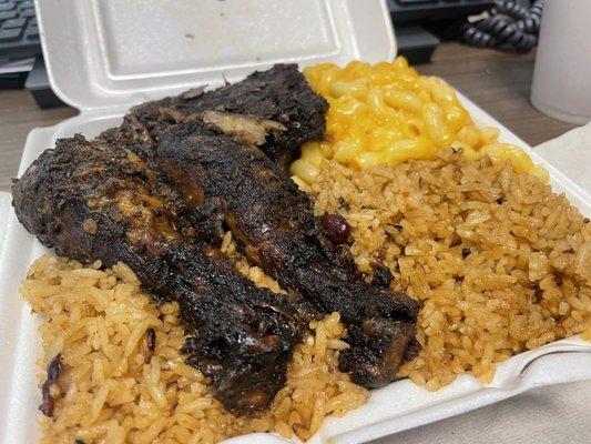 Coconut Caribbean Style Rice, Mac and cheese, Smoked and Baked Jerk Chicken Small Platter