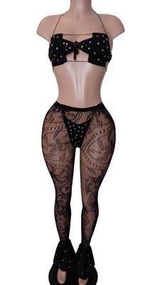 Show stopping 3 piece. Rhinestone trim bikini with flair leg stockings. You can find this at our store or something Simular.