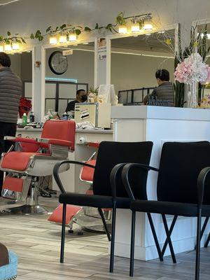 Standard barber chair and waiting area chairs