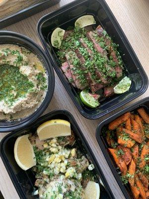 Lamb leg steak, Moroccan spiced carrots, Persian spice chicken thighs, Smokey eggplant dip