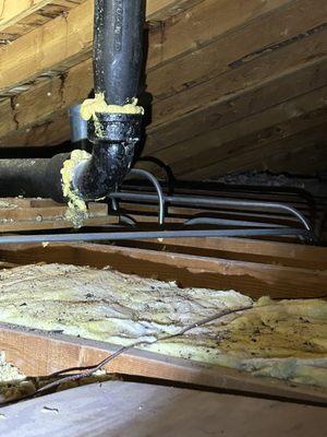 Improper repairs to plumbing vent pipe in attic