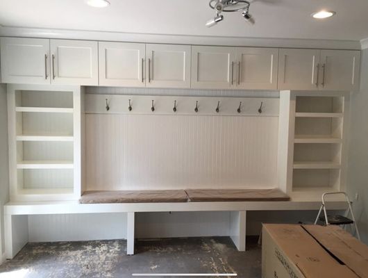 Custom Bench with bookcases and upper cabinets. #Luxury #CustomMadd #HardMaple