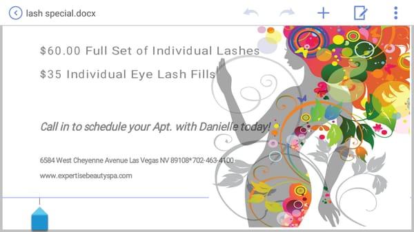 Expertise Beauty & Spa offers a Full set of individual Eye Lashes extentions for $60!!!!