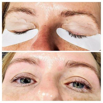 Before and after of lash lift w/tint and brow wax w/tint!