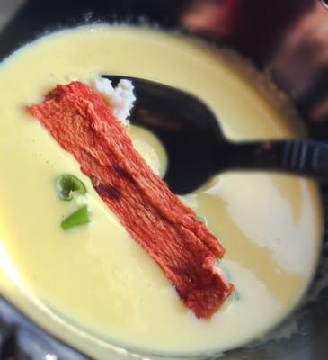 Chilled Peach Soup with Macadamia Chèvre and Watermelon Jerky made by Chef Johan Everstijn of the Cider Press Cafe