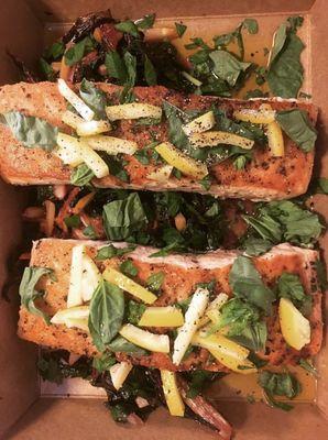 Broiled, wild caught salmon with salt cured lemon and fresh herbs