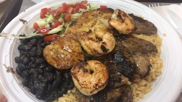 Chicken, shrimp, steak, beans and rice.