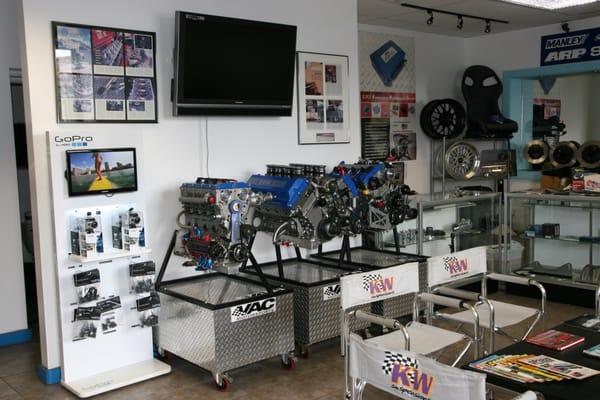 Race engines displayed in our waiting area.