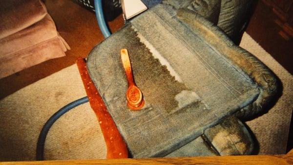 This blue recliner used to be blue, it is heavy brown and orange form tar and nicotine  from a smoker