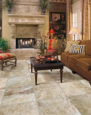 Living room with honed stone look, porcelain tile