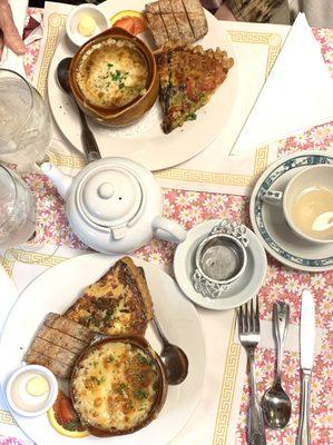 Quiche Lorraine with French Onion Soup and a Vegetable Quiche with French Onion Soup