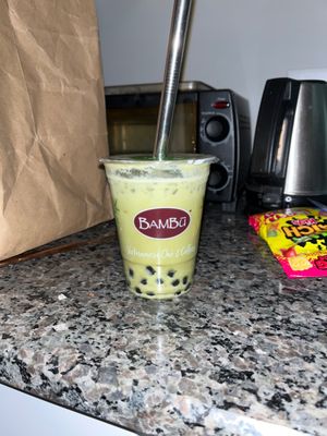 Small matcha milk tea with boba