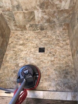 Buffing the tile in the master bath