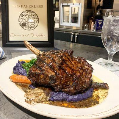 Beeman Ranch Bone-In Ribeye with Texas Black Garlic Butter, Heirloom Purple Potato Smash and Organic Rainbow Carrots