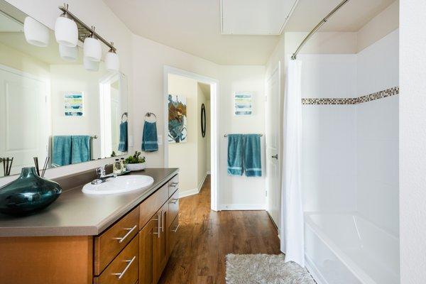 Bathroom with stand-in shower tub and wood cabinets