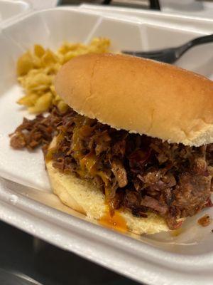 Brisket sandwich and bacon mac