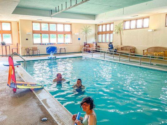 Warm-water pool (wheelchair accessible) is used by adult clients & childcare kids -- and is open to the community for classes and open swim.