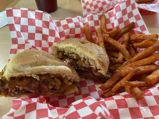 Habanero Jam Bacon Burger and sweet potato fries