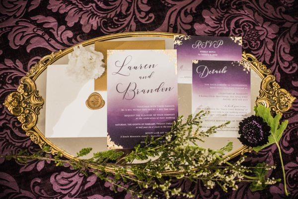 Moody purple watercolor wedding invitation suite with gold leaf accents