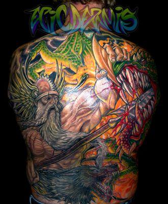 A custom color full backpiece by artist Colin Nolt at Epicdermis Custom Tattoos For Cool People