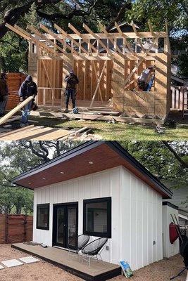 Work meets style: A chic backyard office with a lean-to shed, blending functionality with elegance for the perfect retreat.