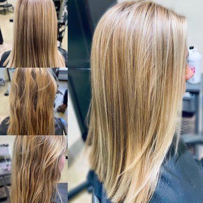 Transition into natural blonde highlights and balayage