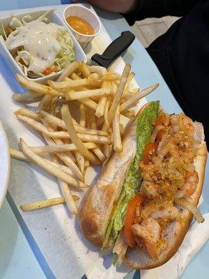 PO'BOY SANDWICH SAUTEED CAJUN SHRIMP:  with Cajun fries, Cajun sauce, and coleslaw.