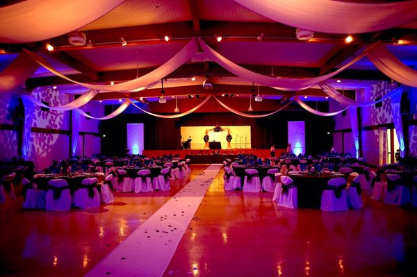 House lights dimmed with purple-blue uplighting & gobo lighting on the side walls.  Pattern Branching Leaves