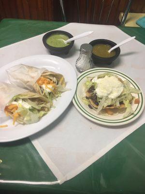 Chicken and steak tacos and a steak tostada... Delicious!!!... w/ the guacamole and jalapeño sauce on the side